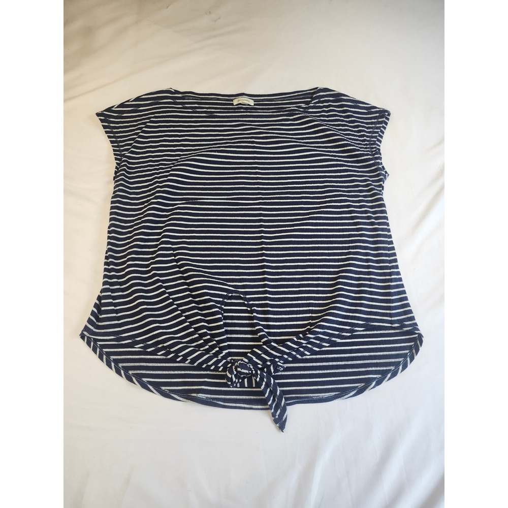 Max Studio Womens Navy Blue White Striped Front Tie Short Sleeve Blouse Size M